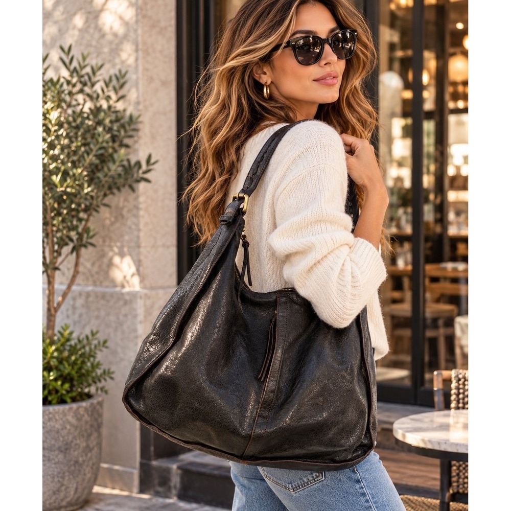 Hobo The Original Black Genuine Leather Large Hobo Shoulder Bag Floral Lining